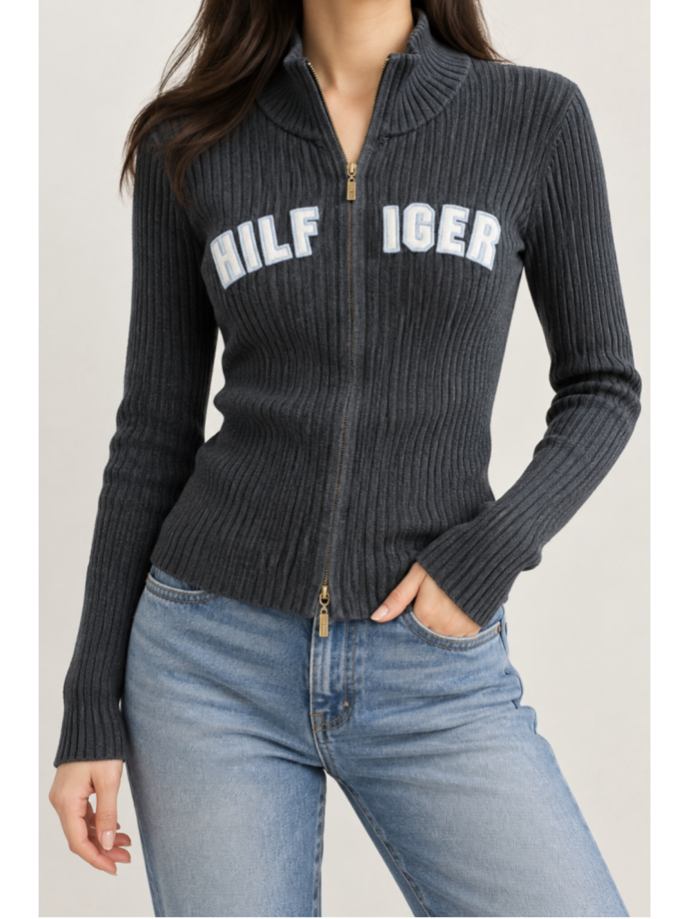 Tommy Hilfiger Black Ribbed Double Zip Front Sweater Cardigan Size S/P